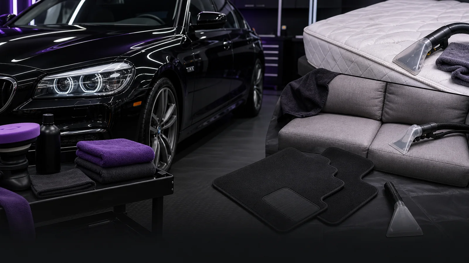 Collage of car detailing, headlight restoration, mattress, sofa, and floormat cleaning