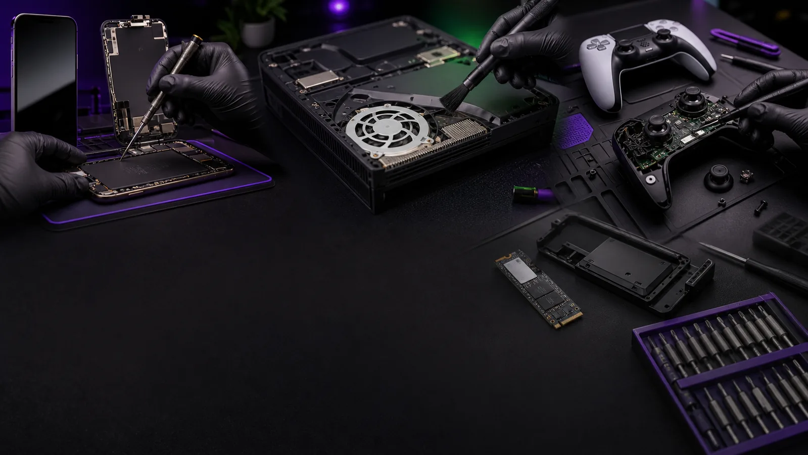 Collage of phone repair, console cleaning, controller repair, and storage upgrade work