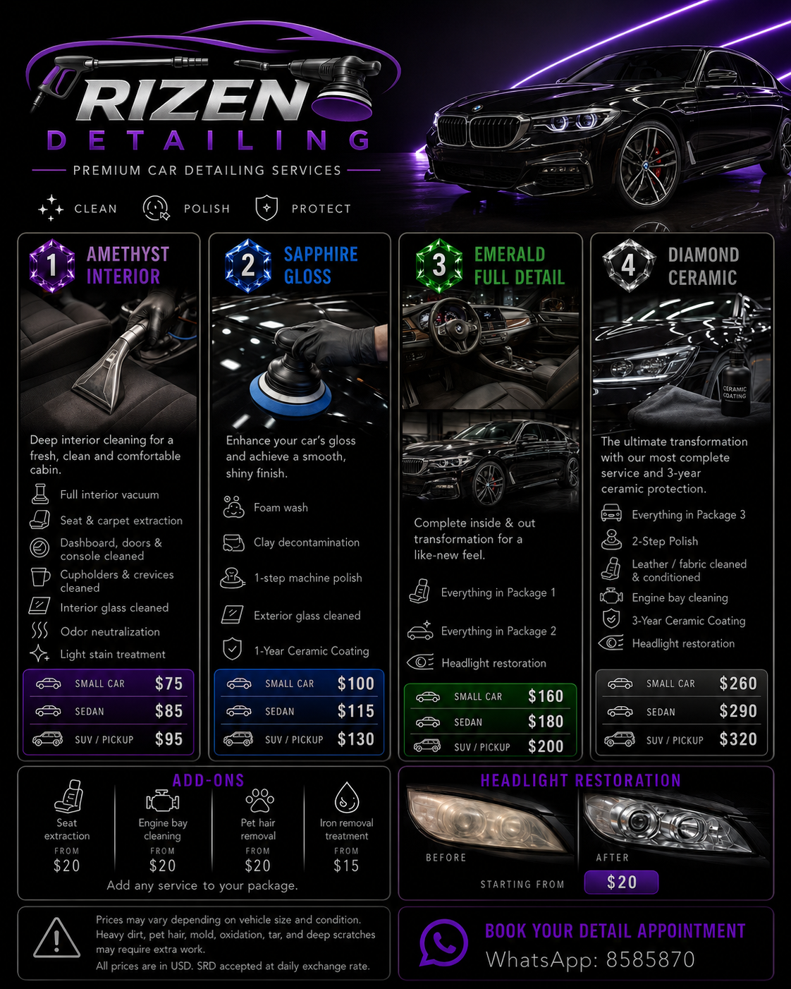 Rizen Detailing full pricing menu with packages, add-ons and headlight restoration